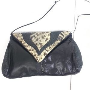 Exotic Vintage Leather Python Shoulder Bag Clutch Handbag Black